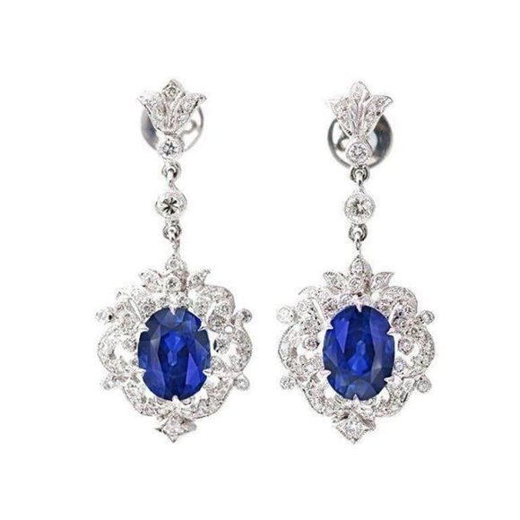 3 CT Ceylon Sapphire Diamond White Gold Womens Dangle Earrings