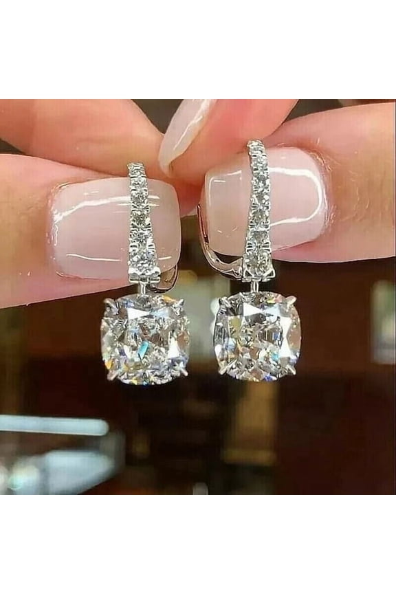 3 CT Cushion Cut Lab Created Diamond Pretty Engagement Drop Dangle Earrings For Her 14K White Gold Plated