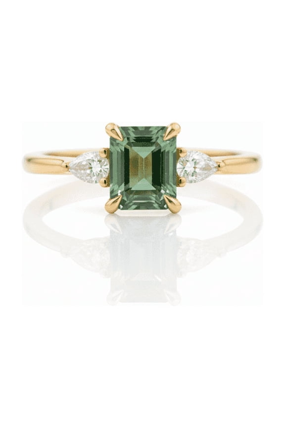 3 CT Emerald Cut Green Sapphire & Pear Cut Diamond Trilogy Engagement Ring, Stackable Wedding Ring, Minimalist Anniversary Ring.