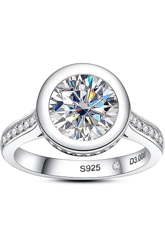 3 CT Moissanite Engagement Rings | Bezel Setting, 14K White Gold Plated Sterling Silver Solitaire Promise Rings