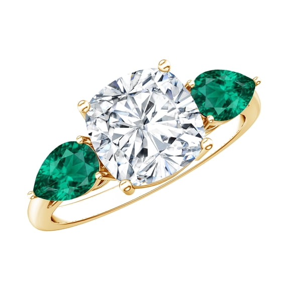 Rosec Jewels Certified Moissanite Engagement Ring (D-VS1 Quality) - 8 mm Cushion Cut Moissanite Ring with Emerald Side Stones, 10K Yellow Gold, US 12.50