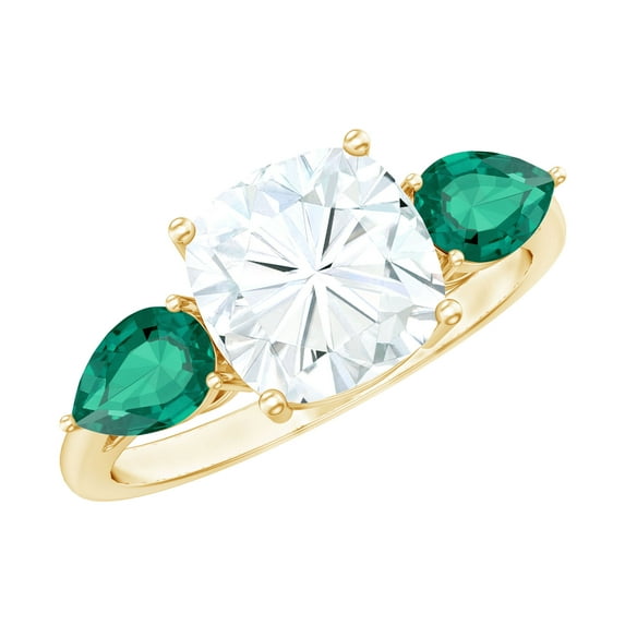 Rosec Jewels Certified Moissanite Engagement Ring (D-VS1 Quality) - 8 mm Cushion Cut Moissanite Ring with Emerald Side Stones, 10K Yellow Gold, US 3.50