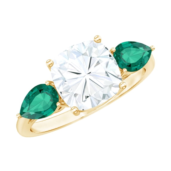 Rosec Jewels Certified Moissanite Engagement Ring (D-VS1 Quality) - 8 mm Cushion Cut Moissanite Ring with Emerald Side Stones, 14K Yellow Gold, US 10.50