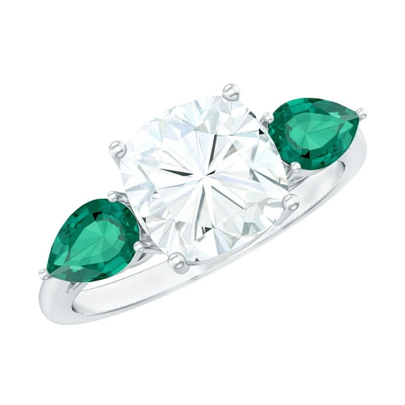 Rosec Jewels Certified Moissanite Engagement Ring (D-VS1 Quality) - 8 mm Cushion Cut Moissanite Ring with Emerald Side Stones, 925 Sterling Silver, US 4.00