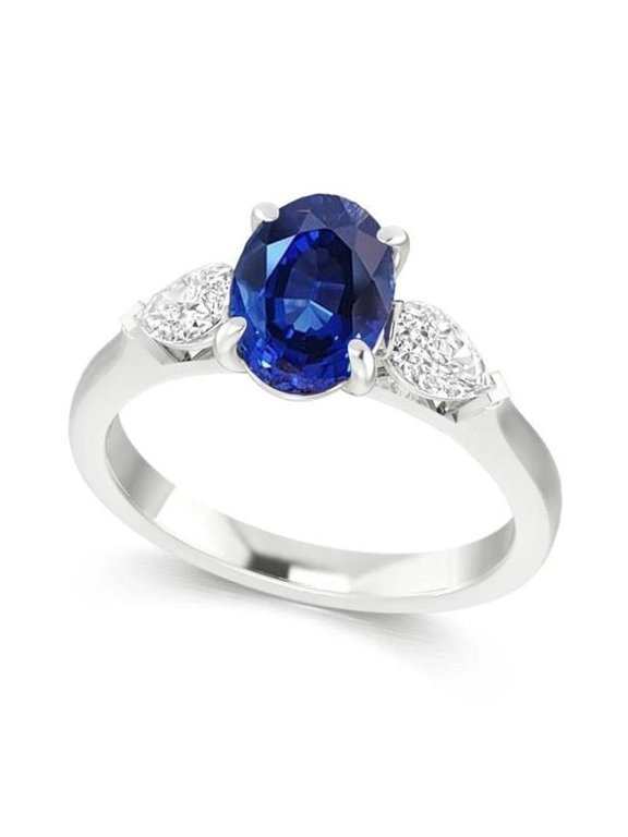 3 CT Oval Ceylon Sapphire & Pear Diamond Three Stone Gold 14K Ring, Size 6.5