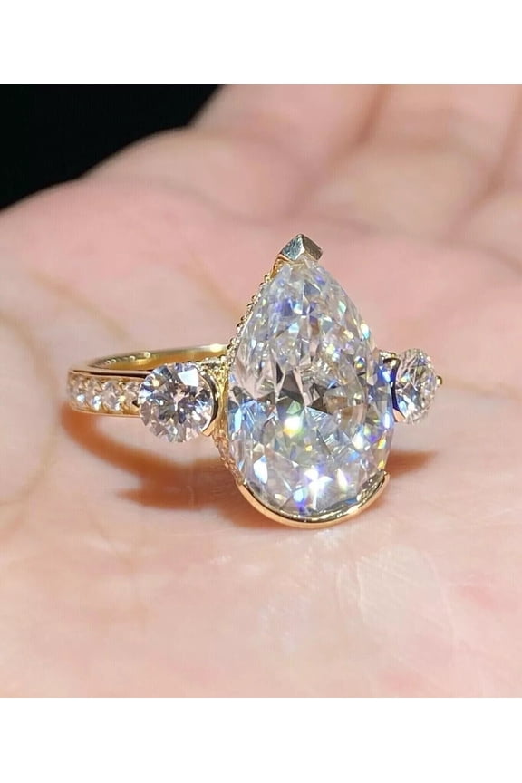 3 CT Pear Cut Lab Created Diamond 3-Stone Wedding Engagement Rings 14K Yellow Gold Plated Sterling Silver