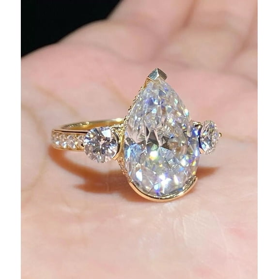 3 CT Pear Cut Lab Created Diamond 3-Stone Wedding Engagement Rings 14K Yellow Gold Plated Sterling Silver