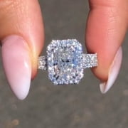 SHIFA JEWELS 3 CT Radiant Cut Lab-Created Diamond Halo Engagement Ring 14K White Gold Plated Sterling Silver