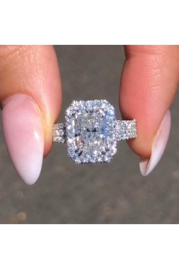 3 CT Radiant Cut Lab-Created Diamond Halo Engagement Ring 14K White Gold Plated Sterling Silver