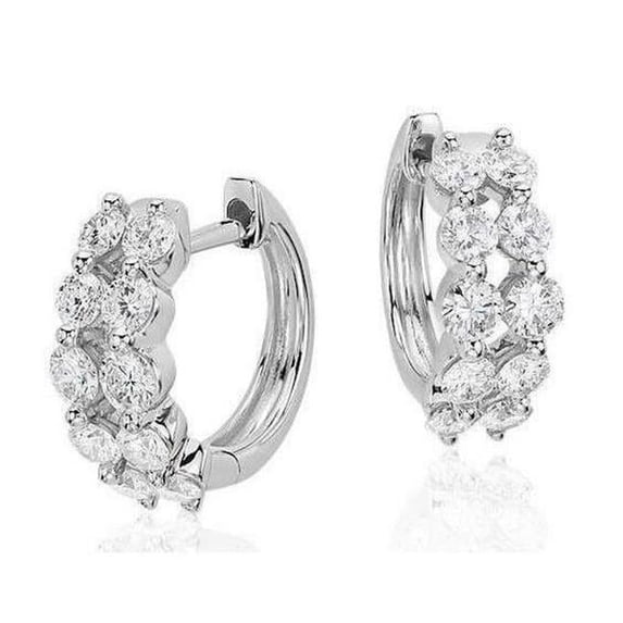 3 CT Round Cut Two Row Diamonds Womens Huggies Hoop Earring