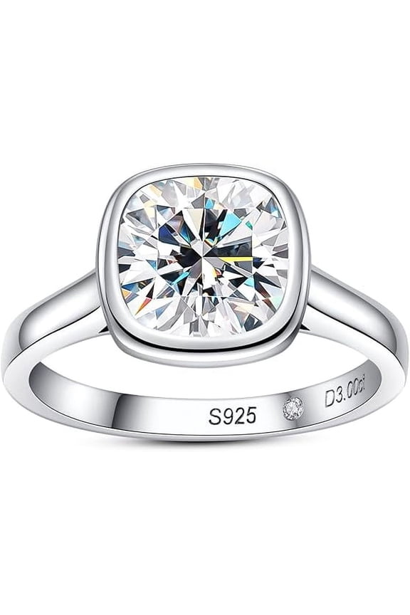 3 CT l Moissanite Engagement Rings | Bezel Setting, 14K White Gold Plated Sterling Silver Solitaire Promise Rings