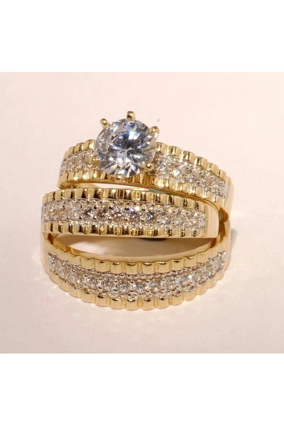 3 CTW Simulated Diamond 14K Yellow Gold Plated Round Wedding His/Her Ring Band Trio Set