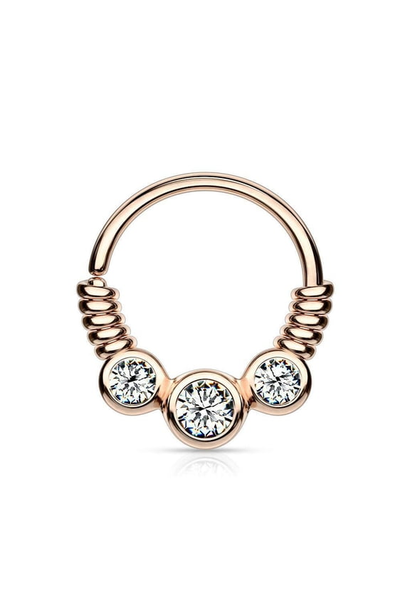 3 CZ Set Between Coiled Wire Bendable Hoop Rings for Septum, Ear Cartilage 16GA