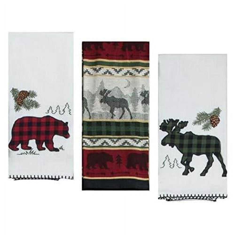 3 Cabin Themed Decorative Cotton Kitchen Towels Set With Bear And Print