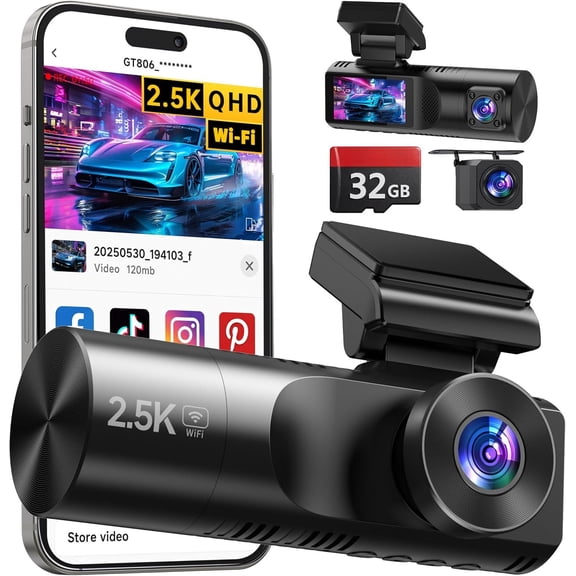 3 Cam Front and Rear, 2.5K Camera for , IR Night Vision, 2.4G WiFi App Control, 24H Parking Mode, 2'' IPS, G-Sensor, Loop Recording, Free 32GB Card Included