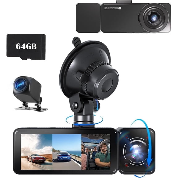 3 Cam Front and Rear Inside, Free 64G SD Card, Triple Camera for , 2.5K UHD Vital Cam, 3.18" IPS Large Screen, IR Night Vision, 24/7 Recording Parking Mode