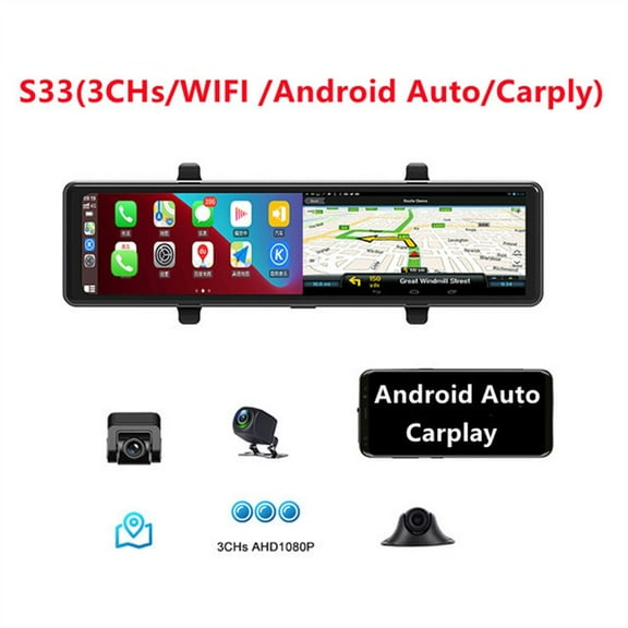 3 Cameras Dash Cam 1080P Car Mirror Video Recording Carplay & Auto Wireless Connection GPS Navigation DVR ,Effortless Control