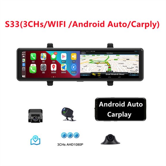 3 Cameras Dash Cam 1080P Car Mirror Video Recording Carplay & Auto Wireless Connection GPS Navigation DVR ,Effortless Control