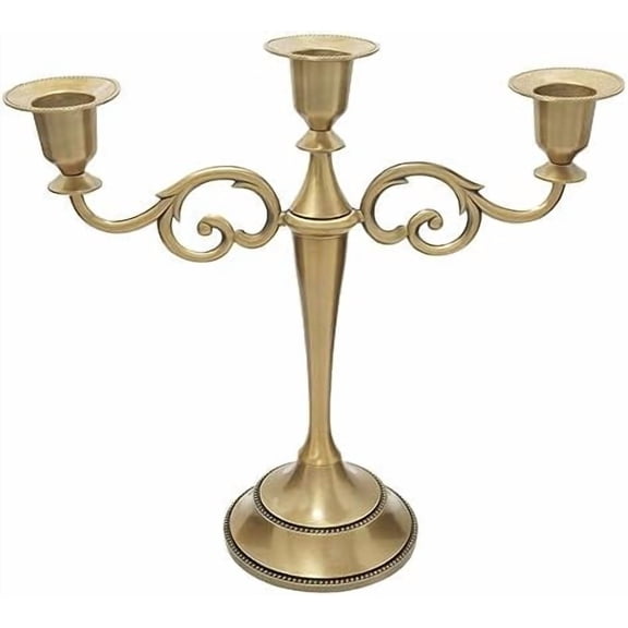 3 Candle Metal Candelabra – Candlesticks Holder for Formal Events, Wedding, Church, Holiday Décor, Halloween – Taper Candle Holder Stand Centerpiece Elegant Decoration Piece for Table,Brass