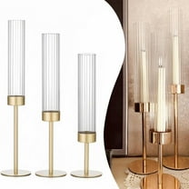 3 Candlesticks Fluted Candle Holder Ribbed Glass Candle Holder Gold Candlestick Holders Metal Tall Windproof Candle Sticks Holder Set for Wedding Home Decoration Outdoor