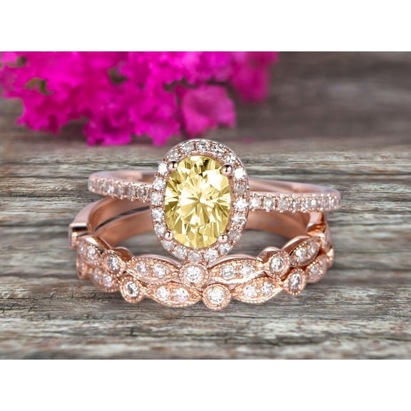 3 Carat Classic 8x6mm Oval Champagne Diamond Moissanite Wedding Bands Bridal Set Engagement Ring Classic Art Deco 10k Rose Gold