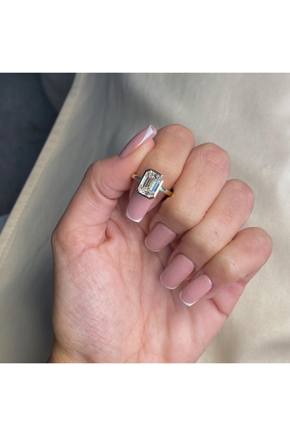 3 Carat D color VVS2 Clarity Emerald Cut Lab Grown Diamond Solitaire Bezel Engagement Ring 14k Yellow Gold Palted Proposal Ring