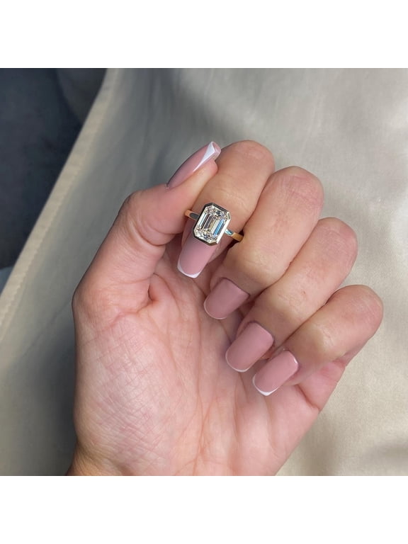Emerald Cut Solitaire Bezel D Color Lab Grown Diamond Engagement Rings 3 ct. t.w. 14k, Yellow Gold Plated