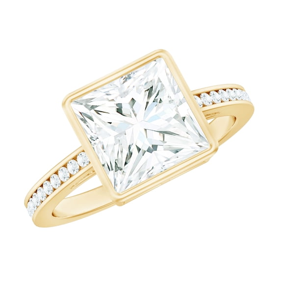 Rosec Jewels Moissanite Princess Cut Engagement Ring 3 Carat - 8 mm - Solitaire Bezel Set Ring - D-VS1 Quality Certified, 18K Yellow Gold, US 7.00