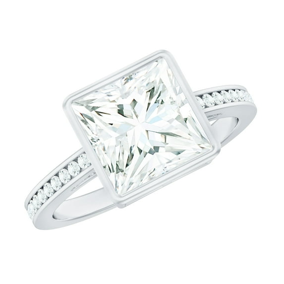 Rosec Jewels Moissanite Princess Cut Engagement Ring 3 Carat - 8 mm - Solitaire Bezel Set Ring - D-VS1 Quality Certified, 925 Sterling Silver, US 4.00