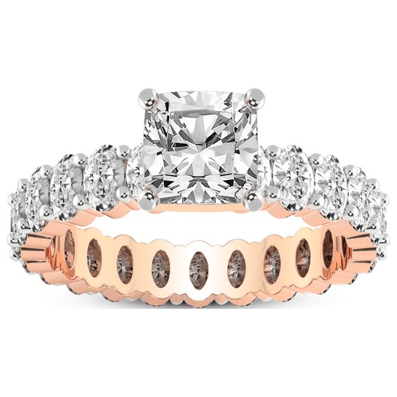 3 Carat IGI Certified Cushion Shape Lab Grown Diamond Engagement Ring | 14K Rose Gold | Celeste Side Oval Diamond Eternity Lab Diamond Ring | FG-VS1-VS2 Quality Friendly Diamonds
