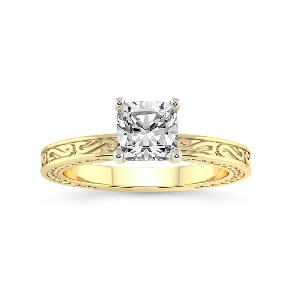 IGI Certified 3 Carat Cushion Shape Lab Grown Diamond Engagement Ring | 14K Yellow Gold | Ivory Vintage Solitaire Diamond Ring | FG-VS Quality Friendly Diamonds