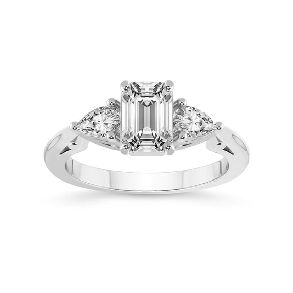 3 Carat IGI Certified Emerald Shape Lab Grown Diamond Engagement Ring | 14K White Gold | Leona Three stone Side Pear Shape Lab Diamond Ring | FG-VS1-VS2 Quality Friendly Diamonds