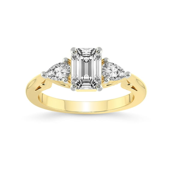 3 Carat IGI Certified Emerald Shape Lab Grown Diamond Engagement Ring | 14K Yellow Gold | Leona Three stone Side Pear Shape Lab Diamond Ring | FG-VS1-VS2 Quality Friendly Diamonds