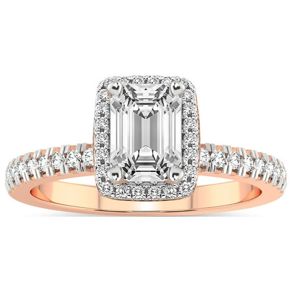 IGI Certified 3 Carat Emerald Shape Lab Grown Diamond Engagement Ring | 14K Rose Gold |Elle Classic Halo Diamond Ring | FG-VS1-VS2 Quality Friendly Diamonds