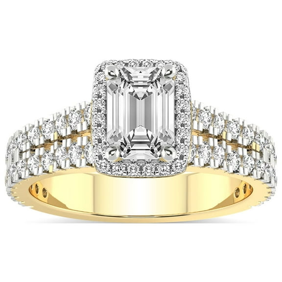 3 Carat | IGI Certified Emerald Shape Lab Grown Diamond Engagement Ring For Women | 14K Yellow Gold | Lab Created Luna Split Shank Halo Diamond Engagement Ring | FG-VS1-VS2 Quality
