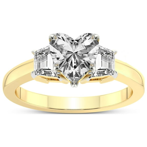 3 Carat IGI Certified Heart Shape Lab Grown Diamond Engagement Ring | 14K Yellow Gold |Dianna Three Stone Side Trapezium Diamond Ring | FG-VS1-VS2 Quality Friendly Diamonds