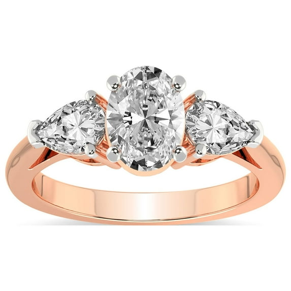 IGI Certified 3 Carat Oval Shape Lab Grown Diamond Engagement Ring | 14K Rose Gold | Della Three stone Pear Shape Side Lab Diamond Ring | FG-VS1-VS2 Quality Friendly Diamonds