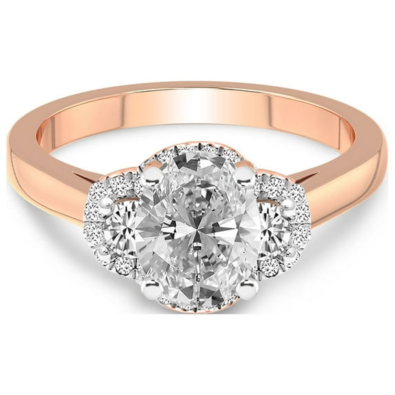 3 Carat IGI Certified Oval Shape Lab Grown Diamond Engagement Ring | 14K Rose Gold | Swirl Three Stone Halo Diamond Engagement Ring | FG-VS1-VS2 Quality | Friendly Diamonds