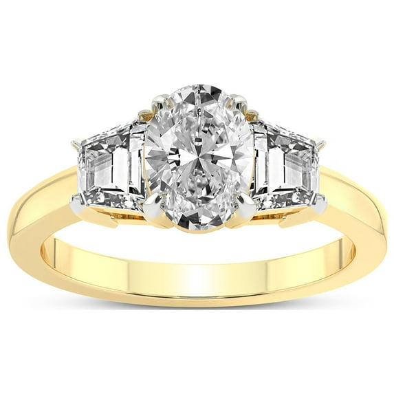 3 Carat IGI Certified Oval Shape Lab Grown Diamond Engagement Ring | 14K Yellow Gold |Dianna Three Stone Side Trapezium Diamond Ring | FG-VS1-VS2 Quality Friendly Diamonds