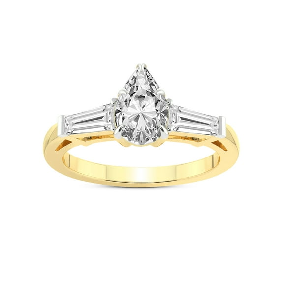 3 Carat IGI Certified Pear Shape Lab Grown Diamond Engagement Ring | 14K Yellow Gold | Madison Three Stone Side Baguette Diamond Lab Diamond Ring | FG-VS1-VS2 Quality Friendly Diamonds