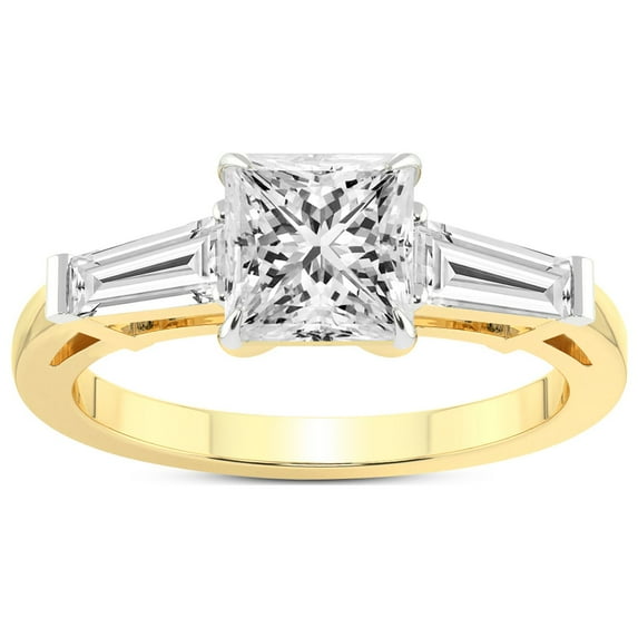 3 Carat IGI Certified Princess Shape Lab Grown Diamond Engagement Ring | 14K Yellow Gold | Madison Three Stone Side Baguette Diamond Lab Diamond Ring | FG-VS1-VS2 Quality Friendly Diamonds