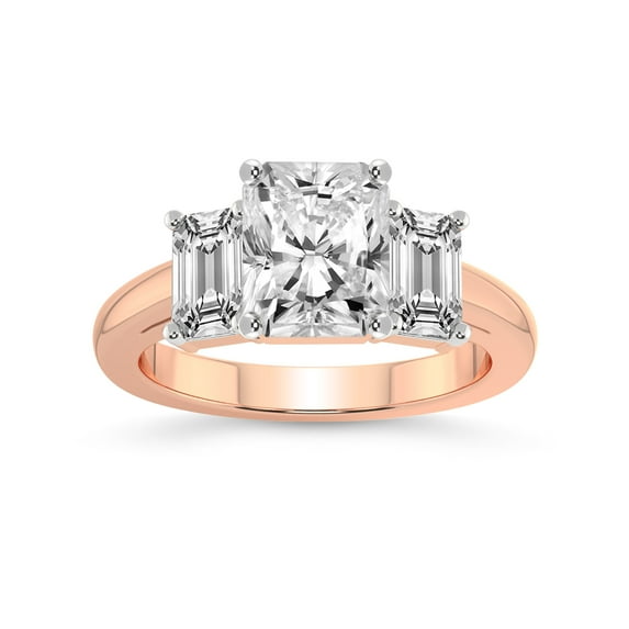 IGI Certified 3 Carat Radiant Shape Lab Grown Diamond Engagement Ring | 14K Rose Gold | Lauren Three stone Emerald Shape Side Lab Diamond Ring | FG-VS1-VS2 Quality Friendly Diamonds