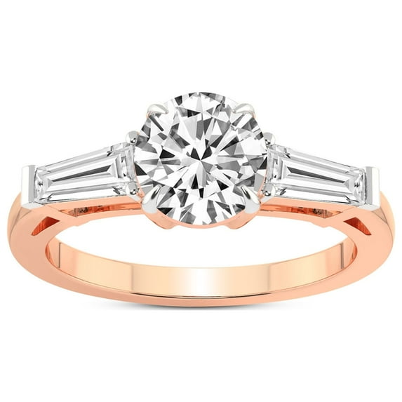 3 Carat IGI Certified Round Shape Lab Grown Diamond Engagement Ring | 14K Rose Gold | Madison Three Stone Side Baguette Diamond Lab Diamond Ring | FG-VS1-VS2 Quality Friendly Diamonds