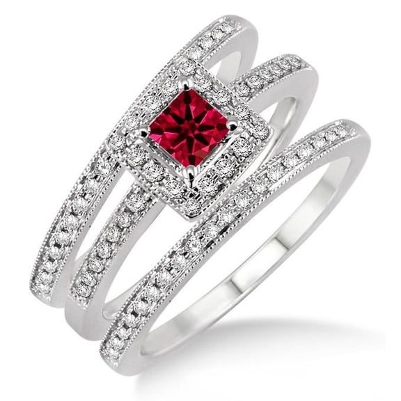 3 Carat Red Ruby Princess Cut Diamond Moissanite Trio Set Halo Ring on 10k White Gold