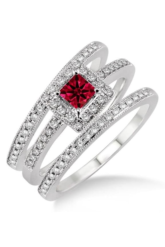 3 Carat Red Ruby Princess Cut Diamond Moissanite Trio Set Halo Ring on 10k White Gold
