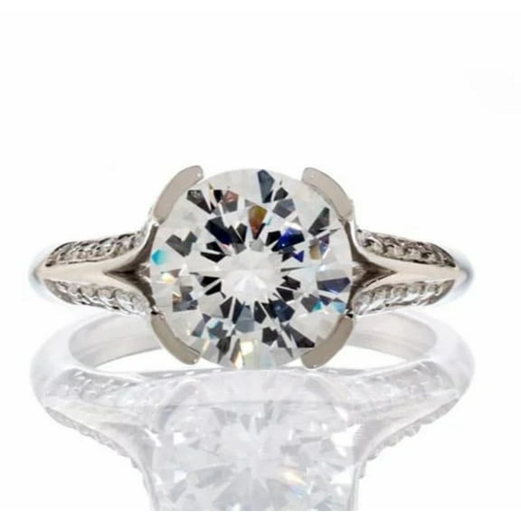 3 Carat Round Cut Cubic Zirconia Semi-Bezel Set Engagement Ring In Sterling Silver