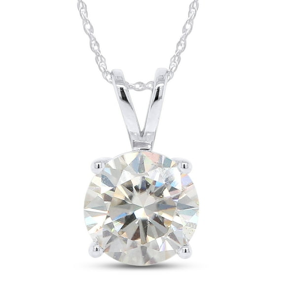3 Carat Round Moissanite Solitaire Pendant Necklace In 14K Solid White Gold (H-I, cttw) 4-Prong 18 Inch Chain Spring Ring