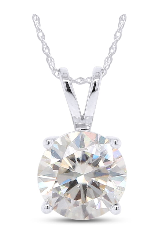 3 Carat Round Moissanite Solitaire Pendant Necklace In 14K Solid White Gold (H-I, cttw) 4-Prong 18 Inch Chain Spring Ring