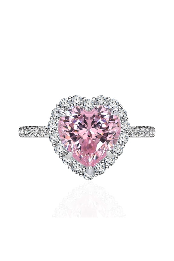 3 Carat Sterling Silver Halo Wedding Engagement Rings Heart Shaped Pink Diamond Rings CZ Heart Cocktail Ring for Women 18K Gold Plated