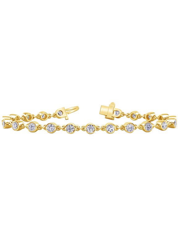 3 Carat (ctw) 14K Yellow Gold Cut LAB GROWN Round Cut Diamond Drops Chain Link Bezel Bracelet (Color H-I Clarity VS1-VS2)